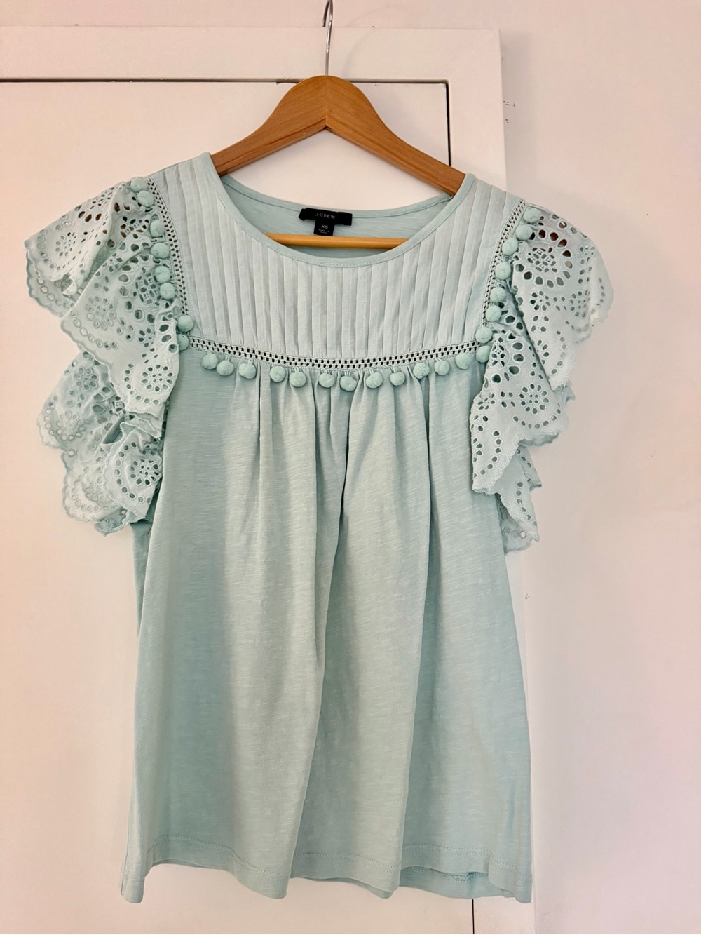 J. Crew Light Blue Eyelet Pom-Pom Flutter Sleeve Top